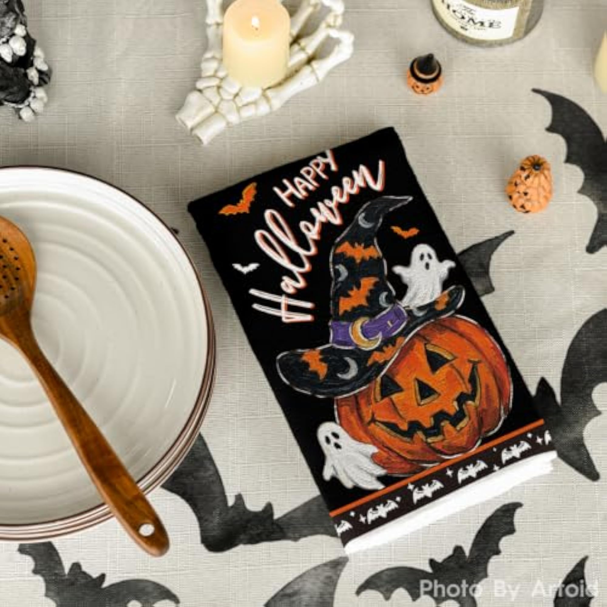 Set of 2 Pumpkin Bats Halloween Kitchen Towels